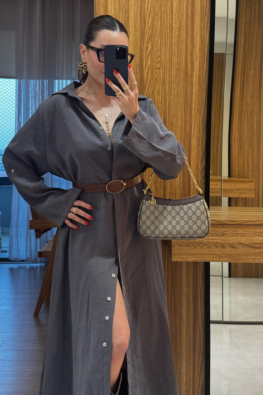 Tharpe Antrasit Kemerli Tensel Elbise