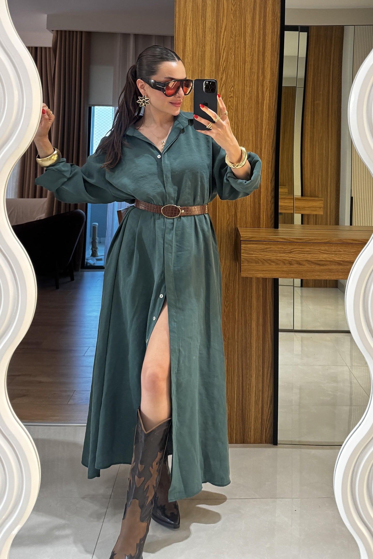 Tharpe Zümrüt Kemerli Tensel Elbise