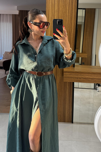 Tharpe Zümrüt Kemerli Tensel Elbise
