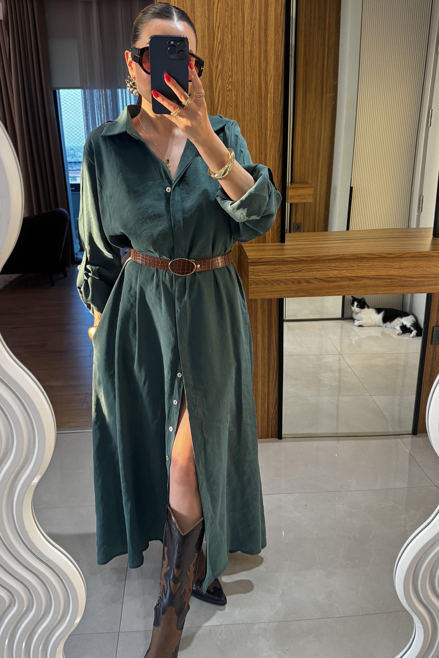 Tharpe Zümrüt Kemerli Tensel Elbise