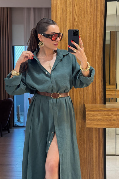 Tharpe Zümrüt Kemerli Tensel Elbise
