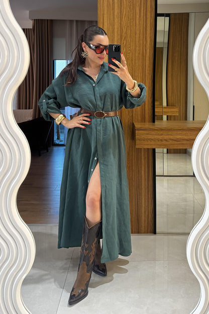 Tharpe Zümrüt Kemerli Tensel Elbise