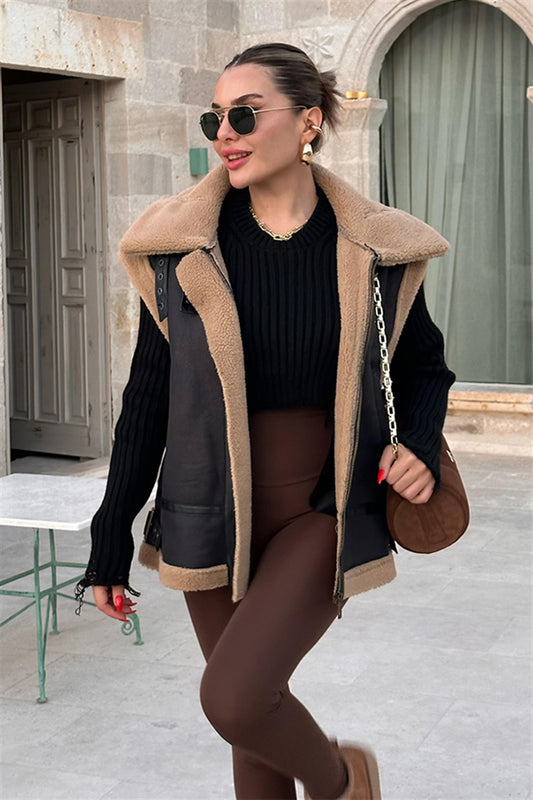 Theodora Camel Kürklü Deri Yelek