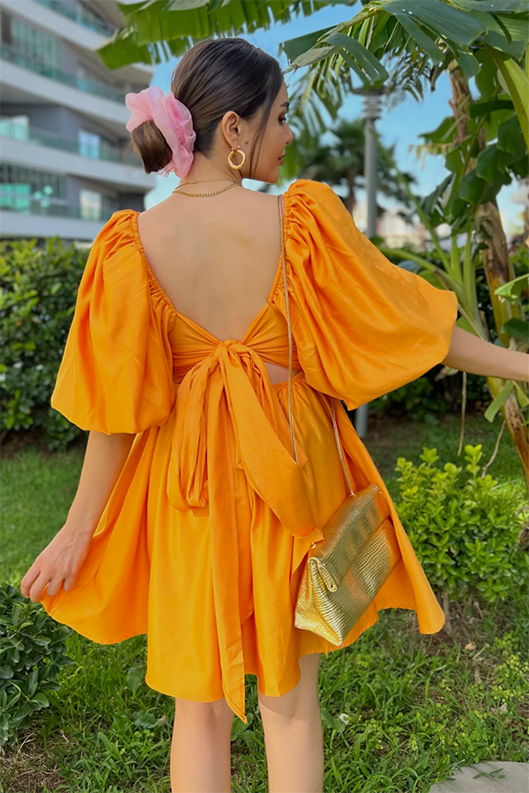 Tinkerbell balon kol kuşaklı elbise - Açık turuncu