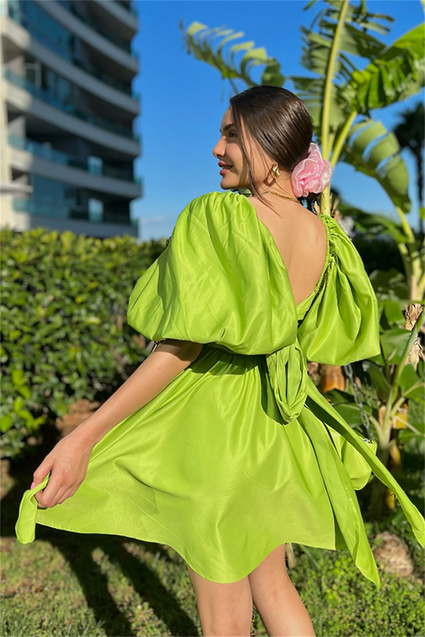 Tinkerbell balon kol kuşaklı elbise - Açık yeşil