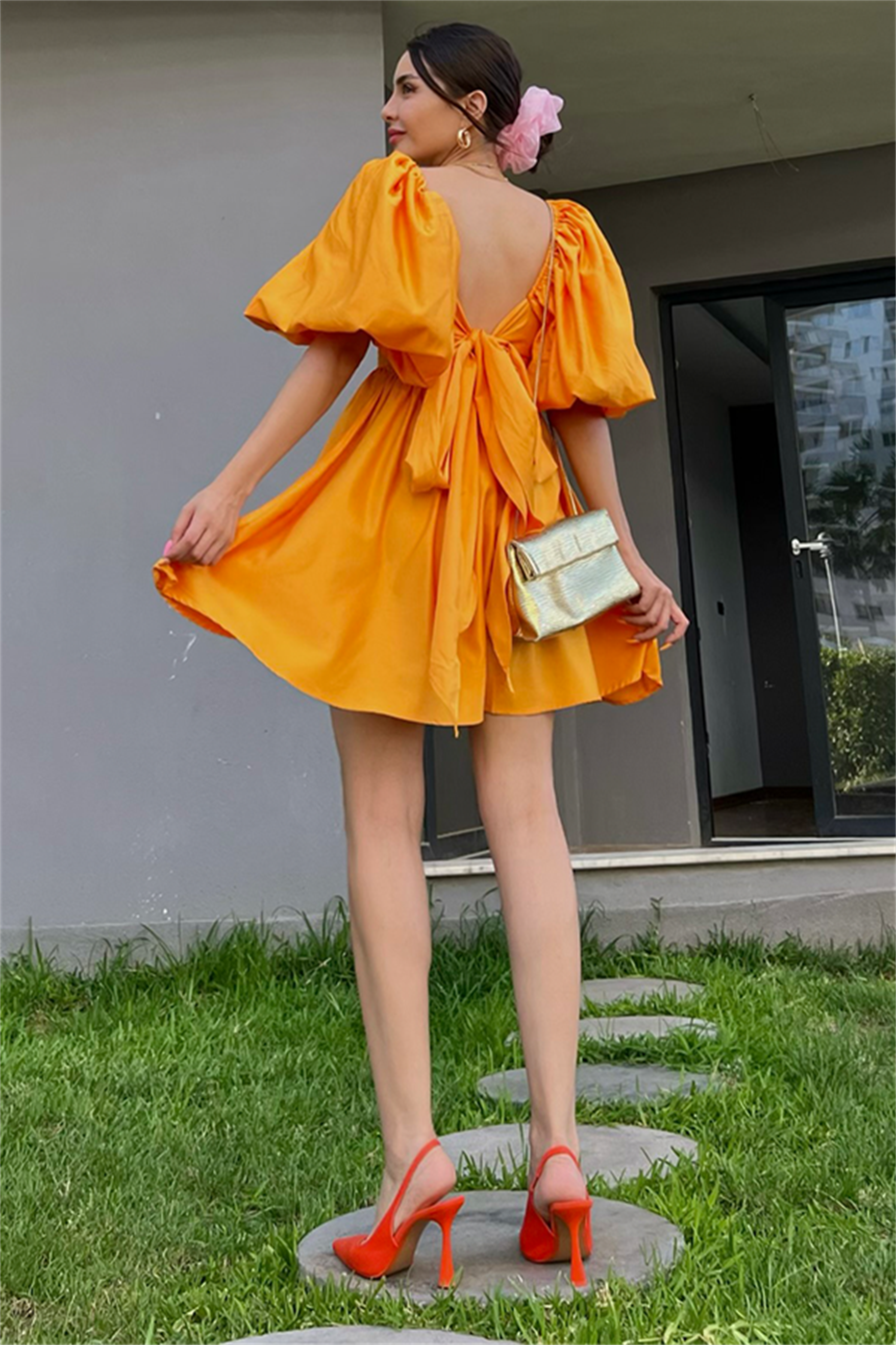 Tinkerbell balon kol kuşaklı elbise - Açık turuncu