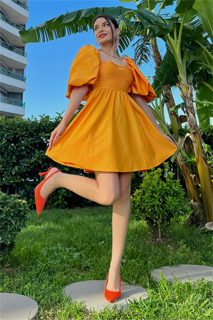 Tinkerbell balon kol kuşaklı elbise - Açık turuncu