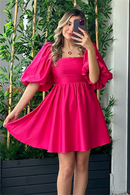 Tinkerbell balon kol kuşaklı elbise - Fuşya