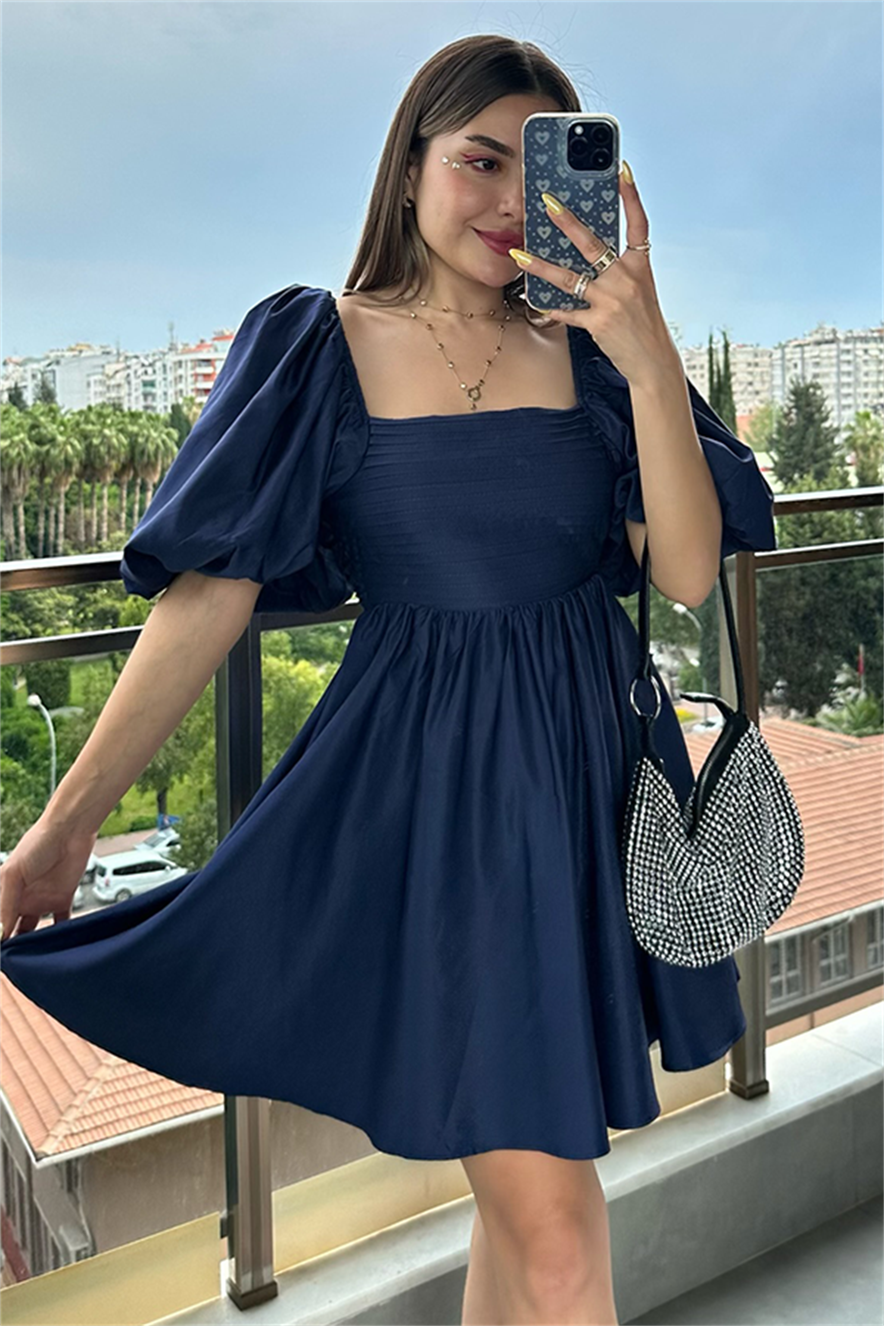 Tinkerbell balon kol kuşaklı elbise - Lacivert