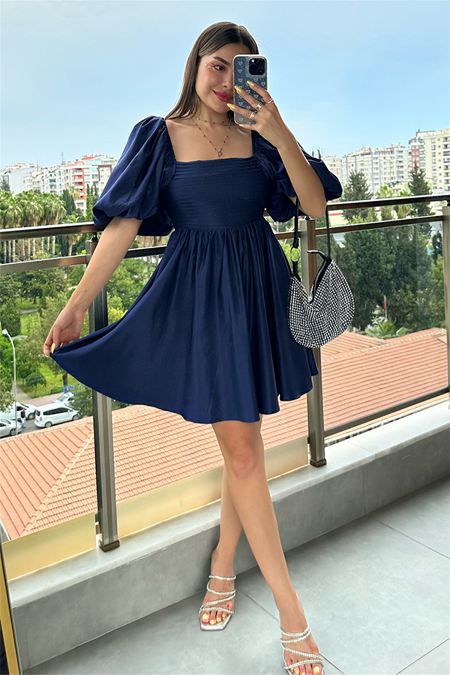 Tinkerbell balon kol kuşaklı elbise - Lacivert