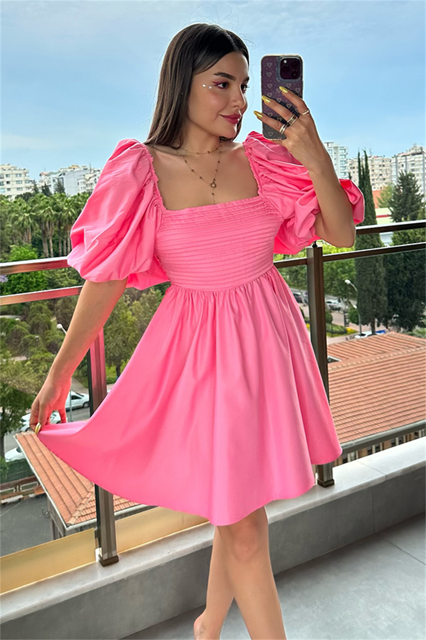 Tinkerbell balon kol kuşaklı elbise - Pembe