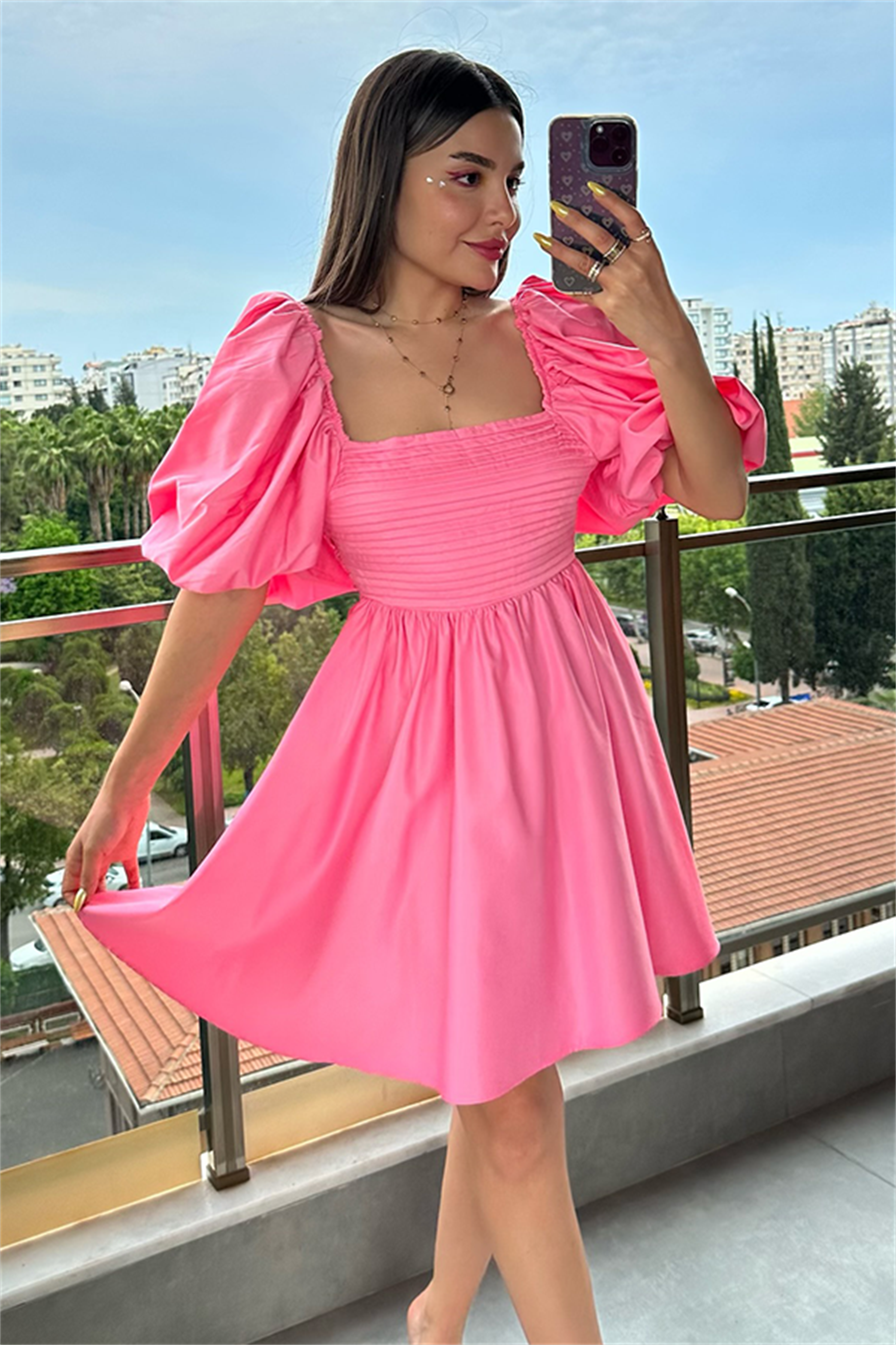 Tinkerbell balon kol kuşaklı elbise - Pembe