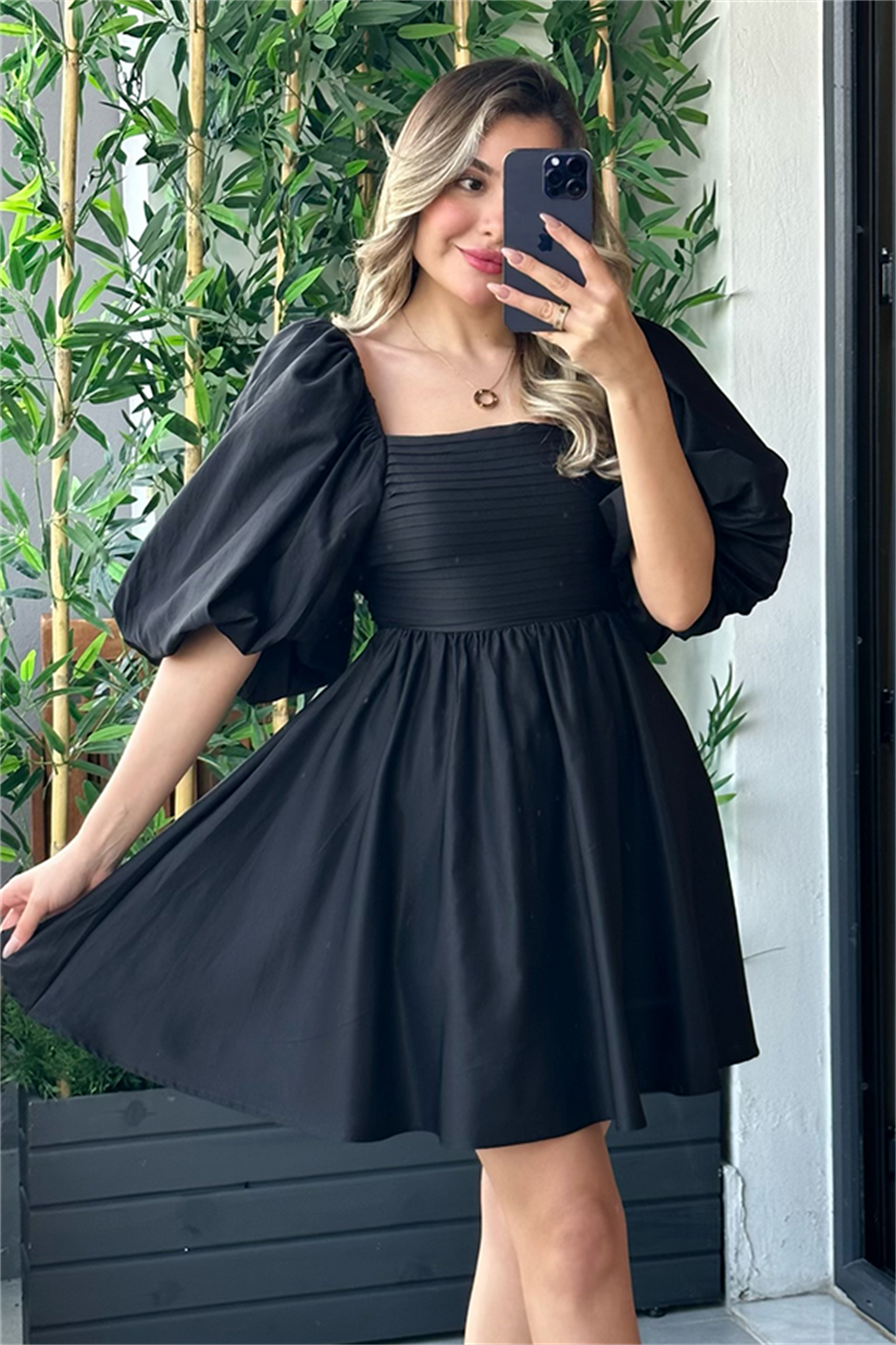 Tinkerbell balon kol kuşaklı elbise - Siyah