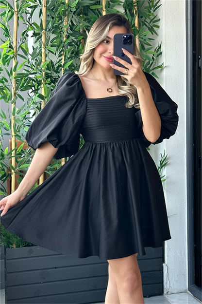Tinkerbell balon kol kuşaklı elbise - Siyah