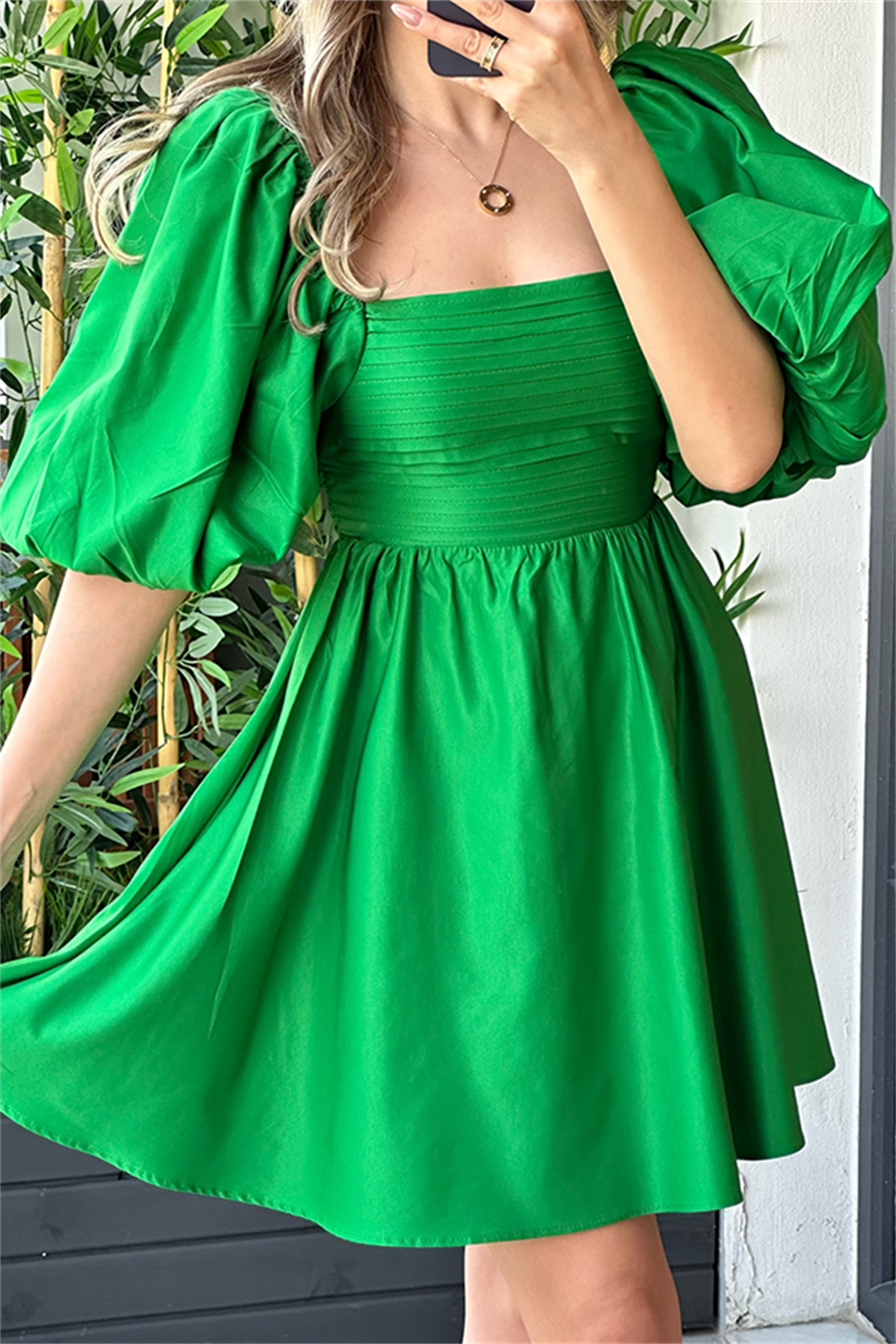 Tinkerbell balon kol kuşaklı elbise - Yeşil
