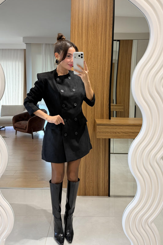 Toget Siyah Süet Etek Blazer Takım