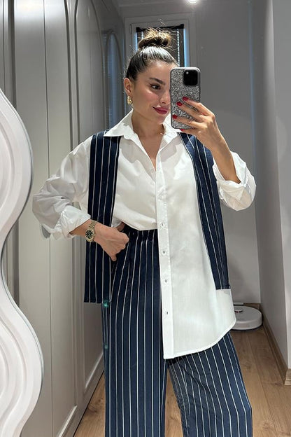 Toria Çizgili Tasarım Gömlek Pantolon Takım