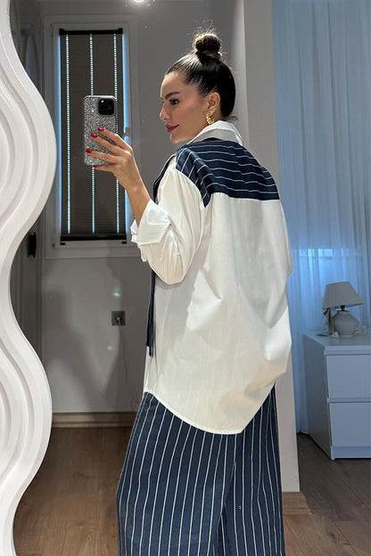 Toria Çizgili Tasarım Gömlek Pantolon Takım