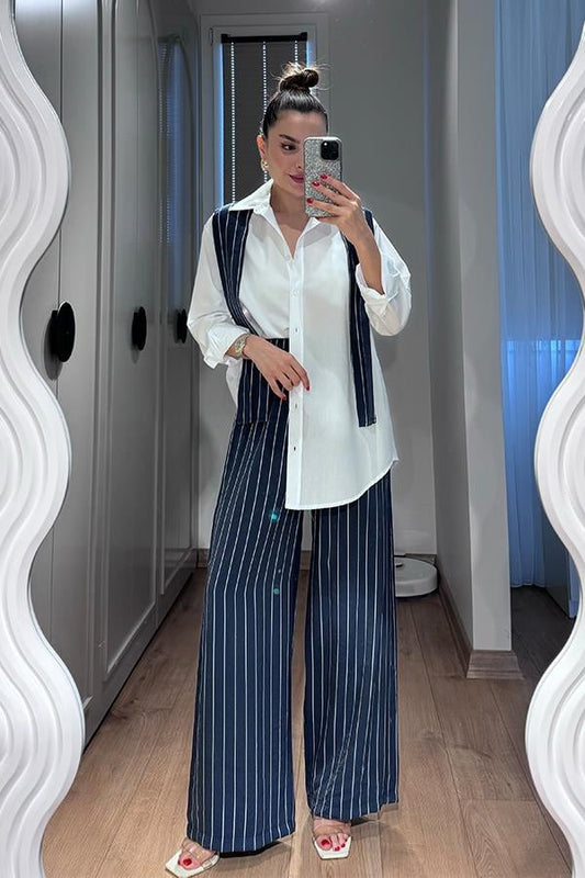 Toria Çizgili Tasarım Gömlek Pantolon Takım