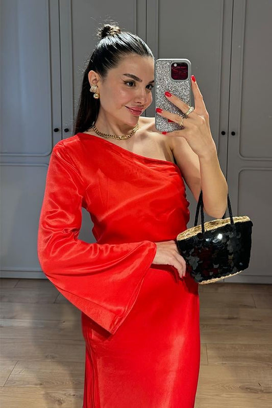 Tremblay Tek Omuz Kırmızı Saten Elbise