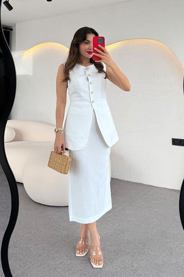 Tricia Premium Etekli Keten Takım-Beyaz