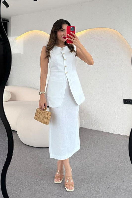 Tricia Premium Etekli Keten Takım-Beyaz