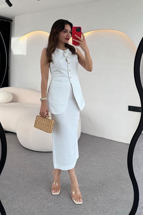 Tricia Premium Etekli Keten Takım-Beyaz