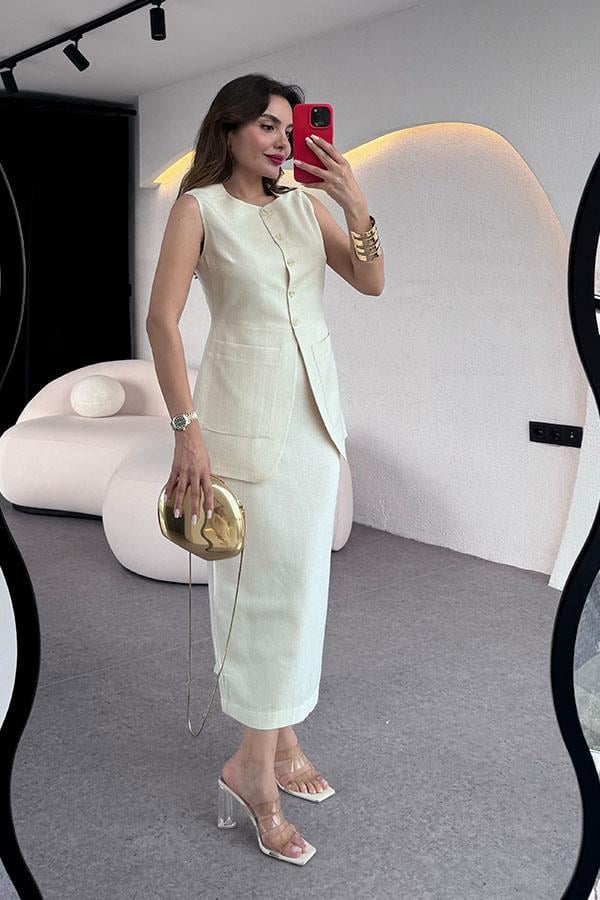 Tricia Premium Etekli Keten Takım-Ekru