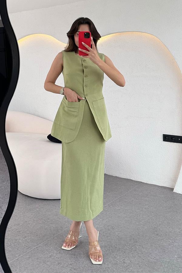 Tricia Premium Etekli Keten Takım-Yağ Yeşil
