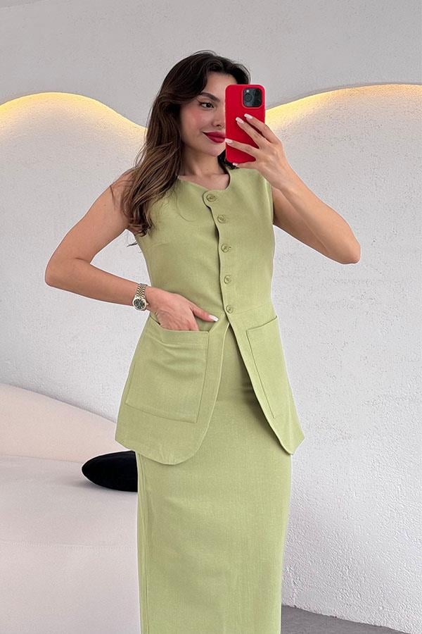 Tricia Premium Etekli Keten Takım-Yağ Yeşil