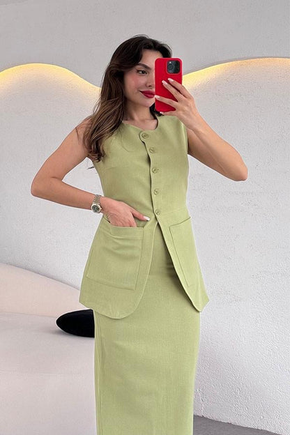 Tricia Premium Etekli Keten Takım-Yağ Yeşil