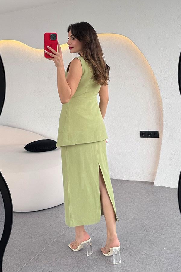 Tricia Premium Etekli Keten Takım-Yağ Yeşil