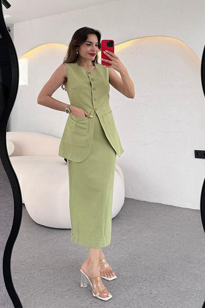 Tricia Premium Etekli Keten Takım-Yağ Yeşil