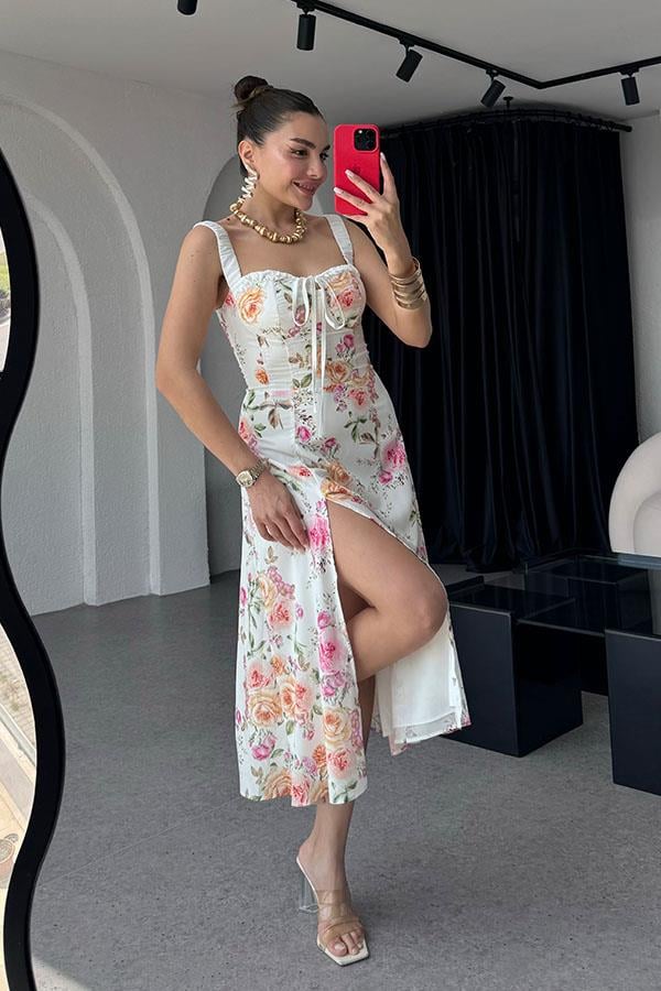 Trixie Kalp Yaka Çiçekli Yırtmaçlı Elbise