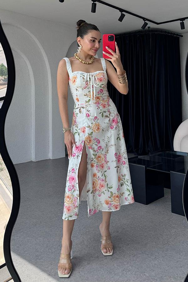 Trixie Kalp Yaka Çiçekli Yırtmaçlı Elbise