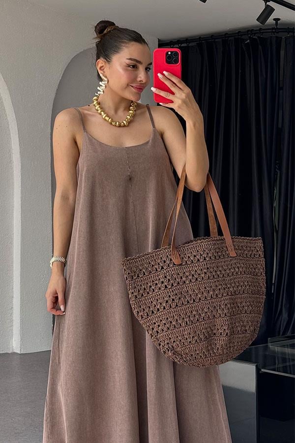 Tuala Asit Yıkama Elbise - Acı Kahve