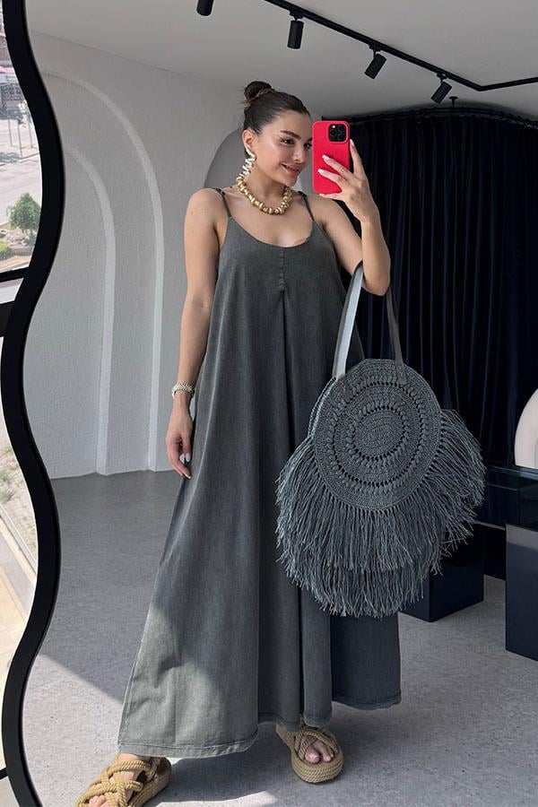 Tuala Asit Yıkama Elbise - Antrasit