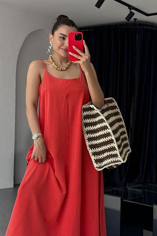 Tuala Asit Yıkama Elbise - Nar Çiçeği