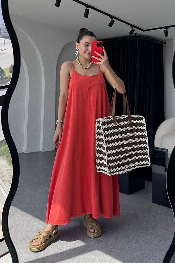 Tuala Asit Yıkama Elbise - Nar Çiçeği