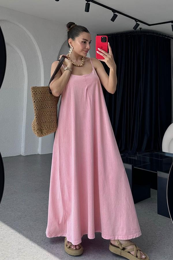 Tuala Asit Yıkama Elbise - Pembe