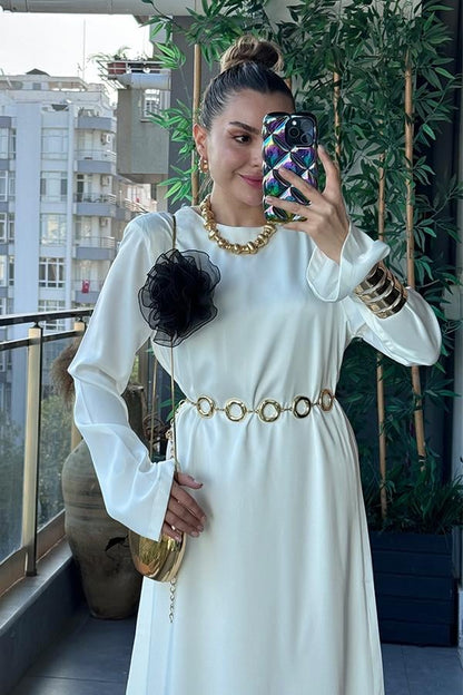 Tually Vatkalı Astarlı Ekru Saten Elbise