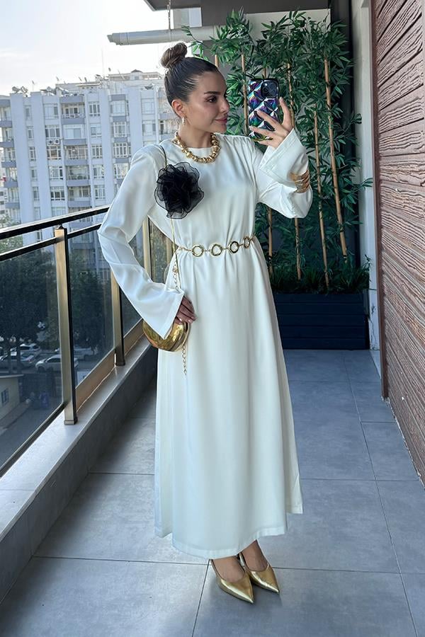 Tually Vatkalı Astarlı Ekru Saten Elbise