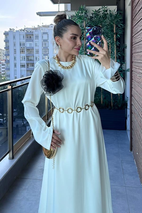 Tually Vatkalı Astarlı Ekru Saten Elbise