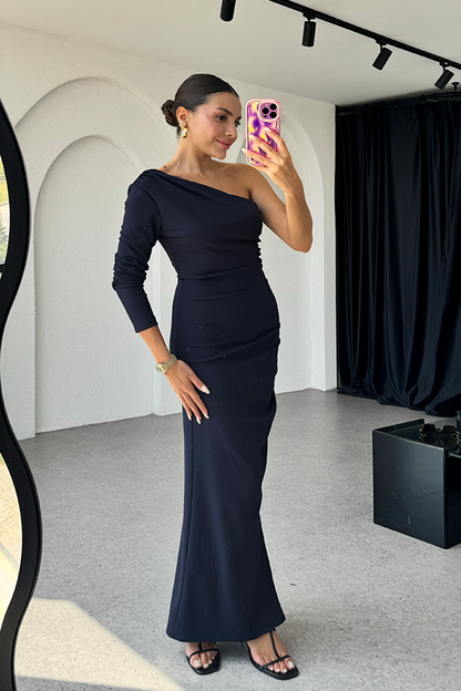 Tulina tek omuz lacivert drapeli elbise