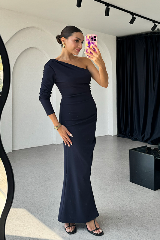 Tulina tek omuz lacivert drapeli elbise