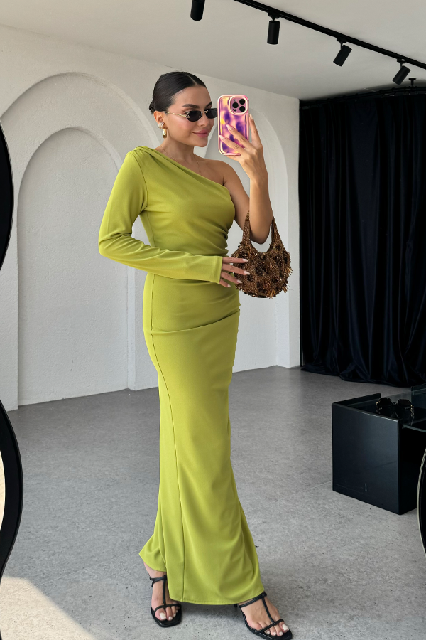 Tulina tek omuz yağ yeşili drapeli elbise