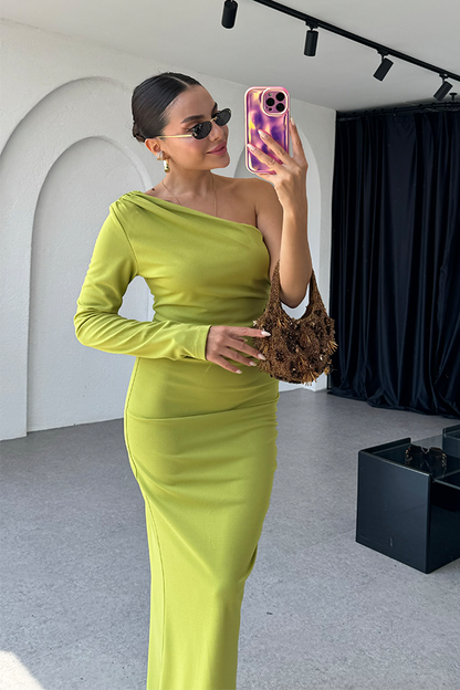 Tulina tek omuz yağ yeşili drapeli elbise