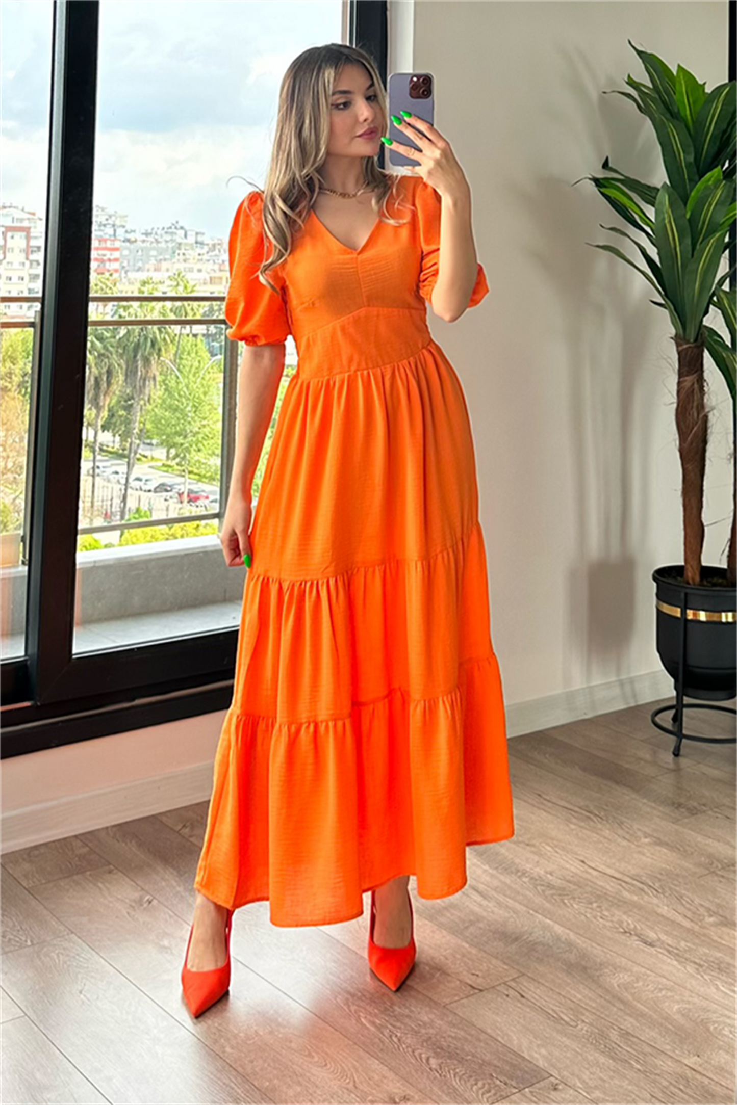 Turuncu karpuz kol keten elbise