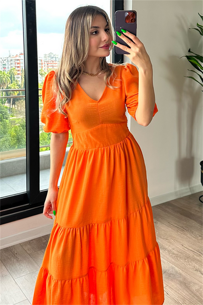 Turuncu karpuz kol keten elbise