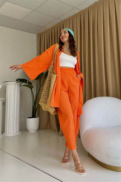 Turuncu kimonolu bohem takım